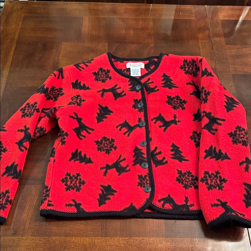 Talbots Medium Red Black  Reindeer Snowflake Cardigan Sweater